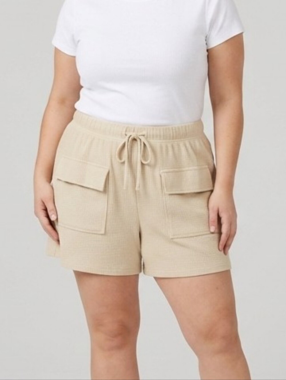 Waffle-Knit Tan Cargo Drawstring Shorts for Women